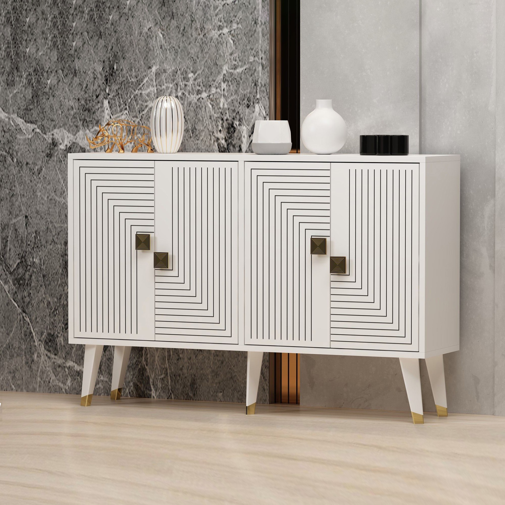 Aparador branco com padrões geométricos e pernas com pontos dourados