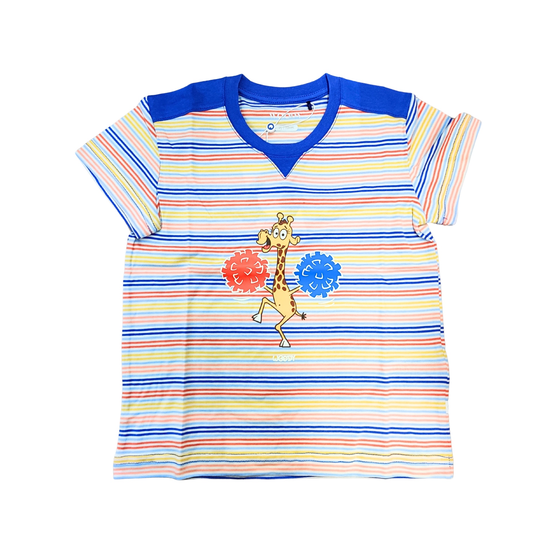 Camisola infantil às riscas com giraffa e pompons vermelhos e azuis