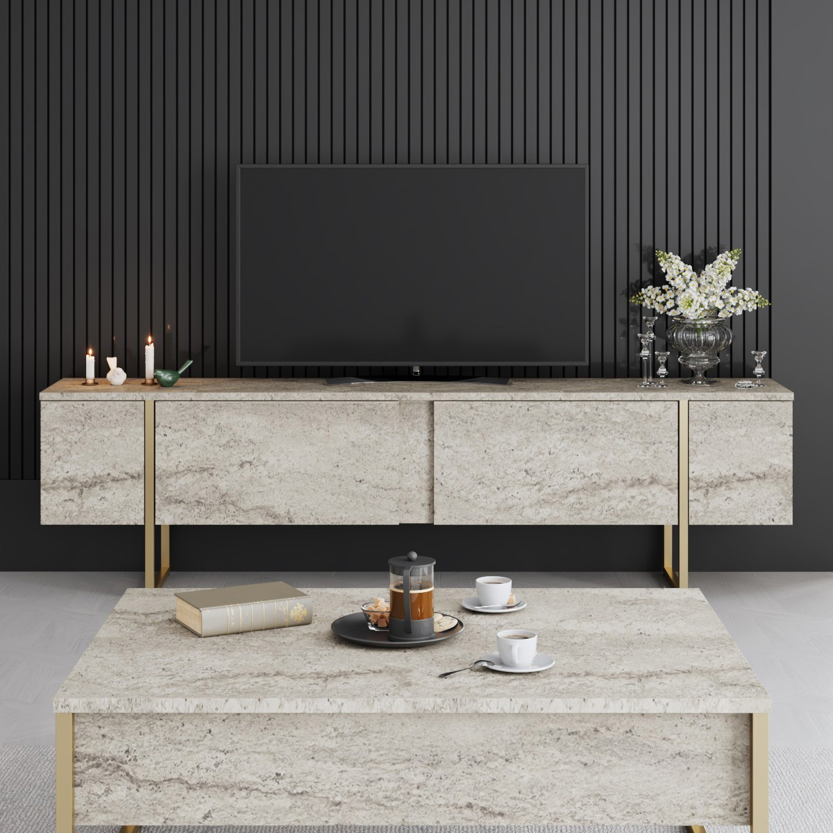 Móvel de TV - Luxe (Bege e Dourado)