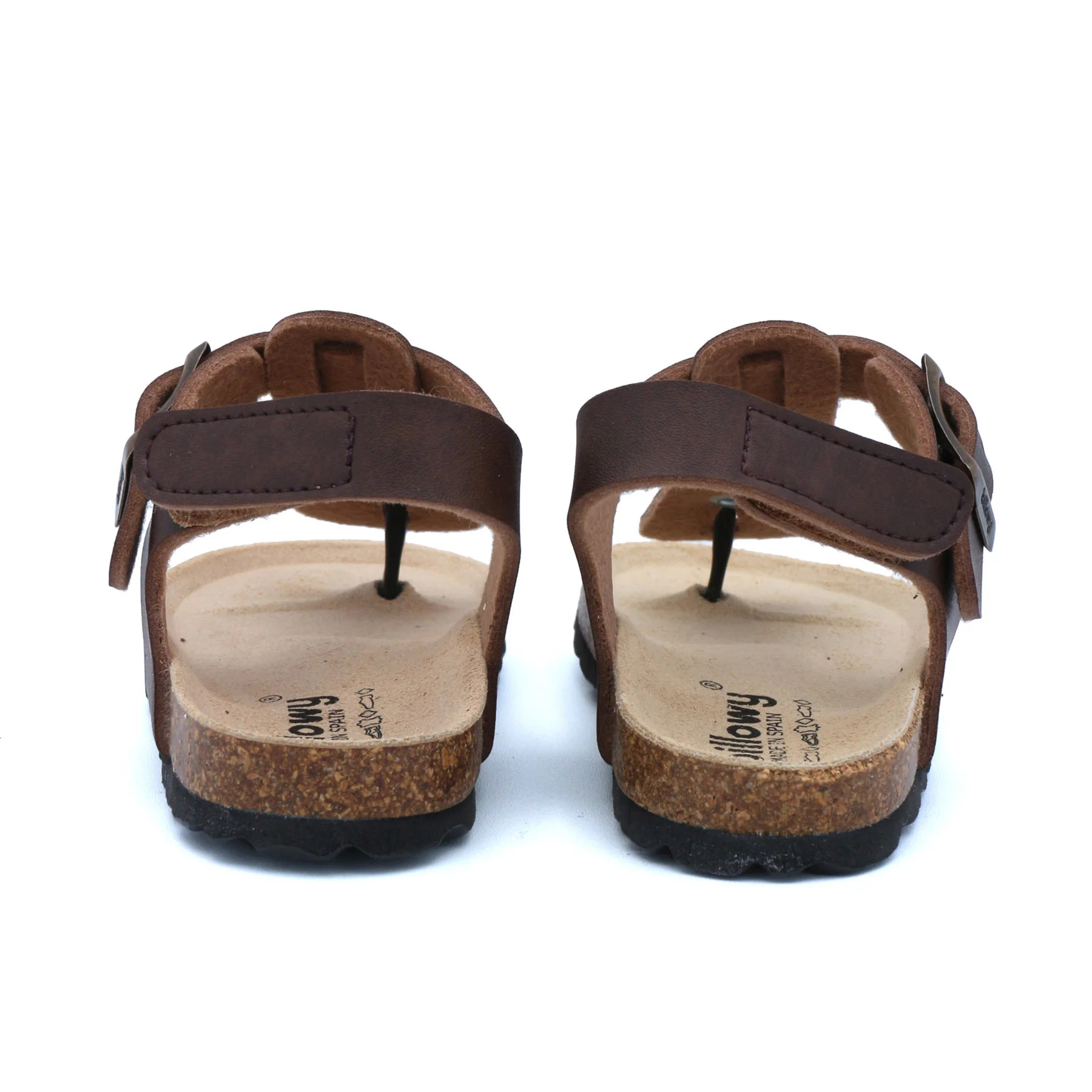 Sandálias castanhas com sola de cortiça vistas de trás