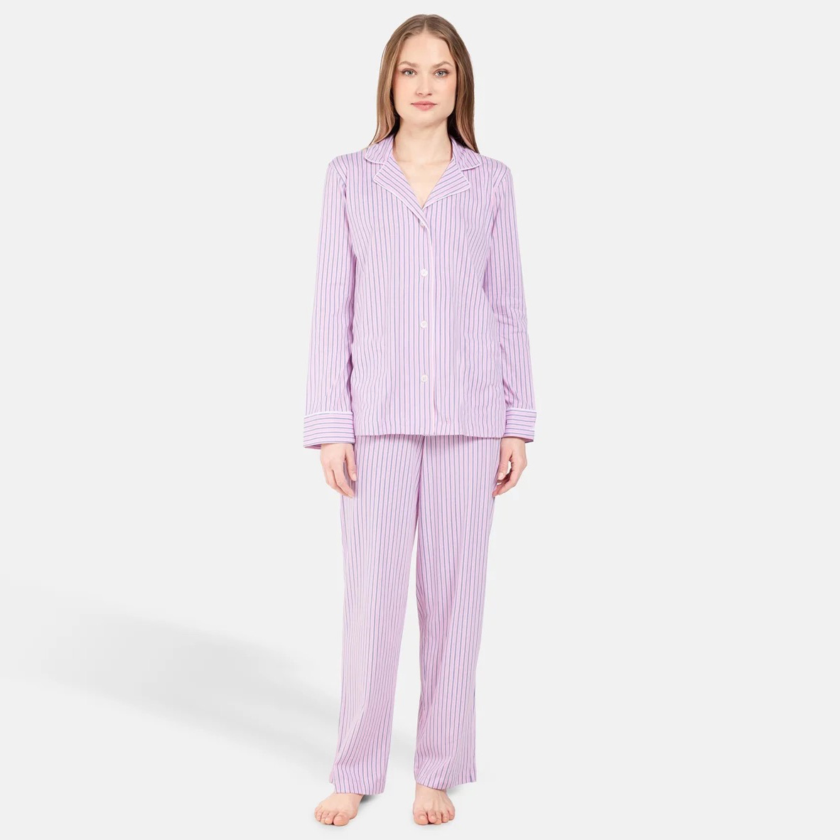 Pijama feminino riscas cor-de-rosa e roxo com camisa de botões e calças