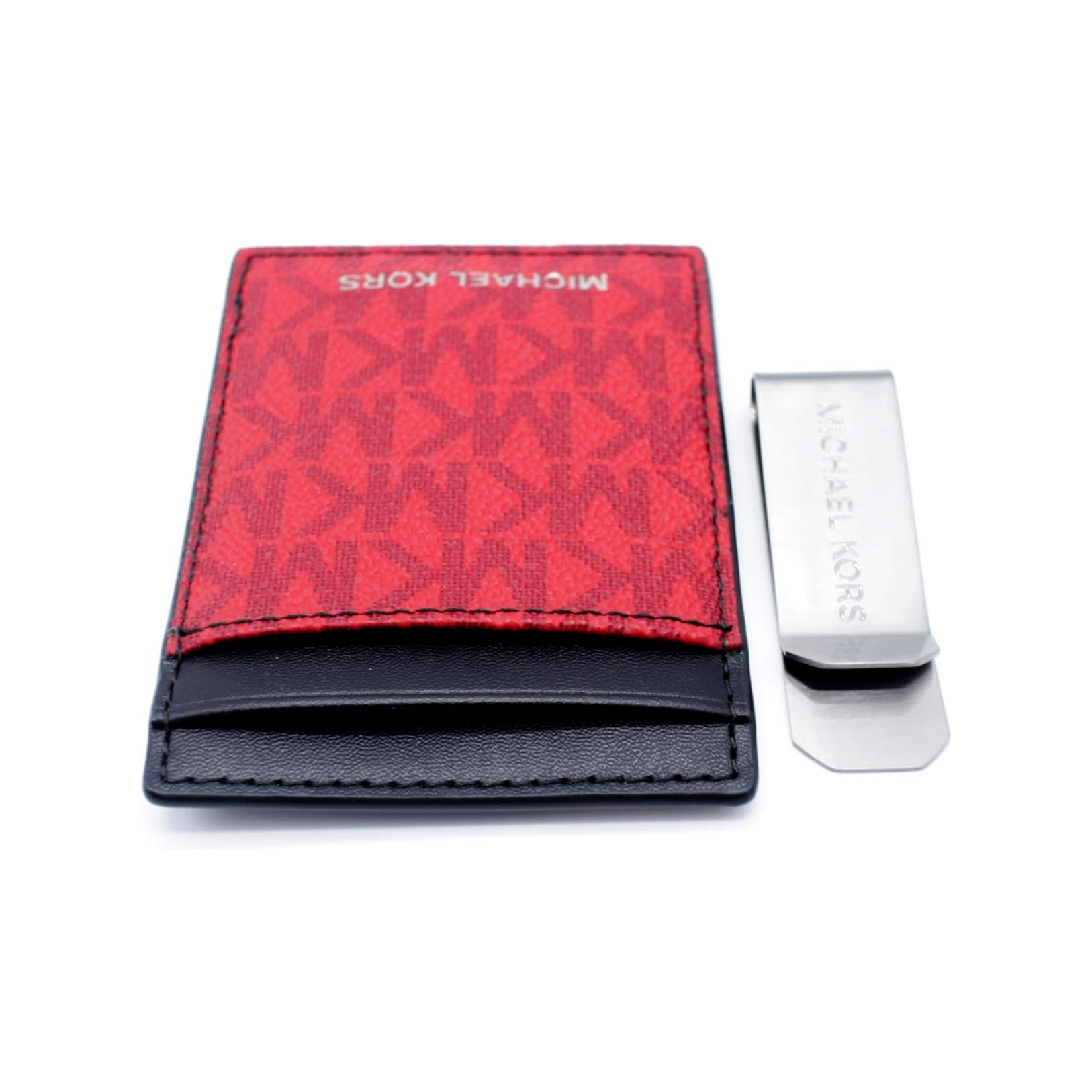 Carteira de cartão vermelha e preta com clipe metálico MICHAEL KORS