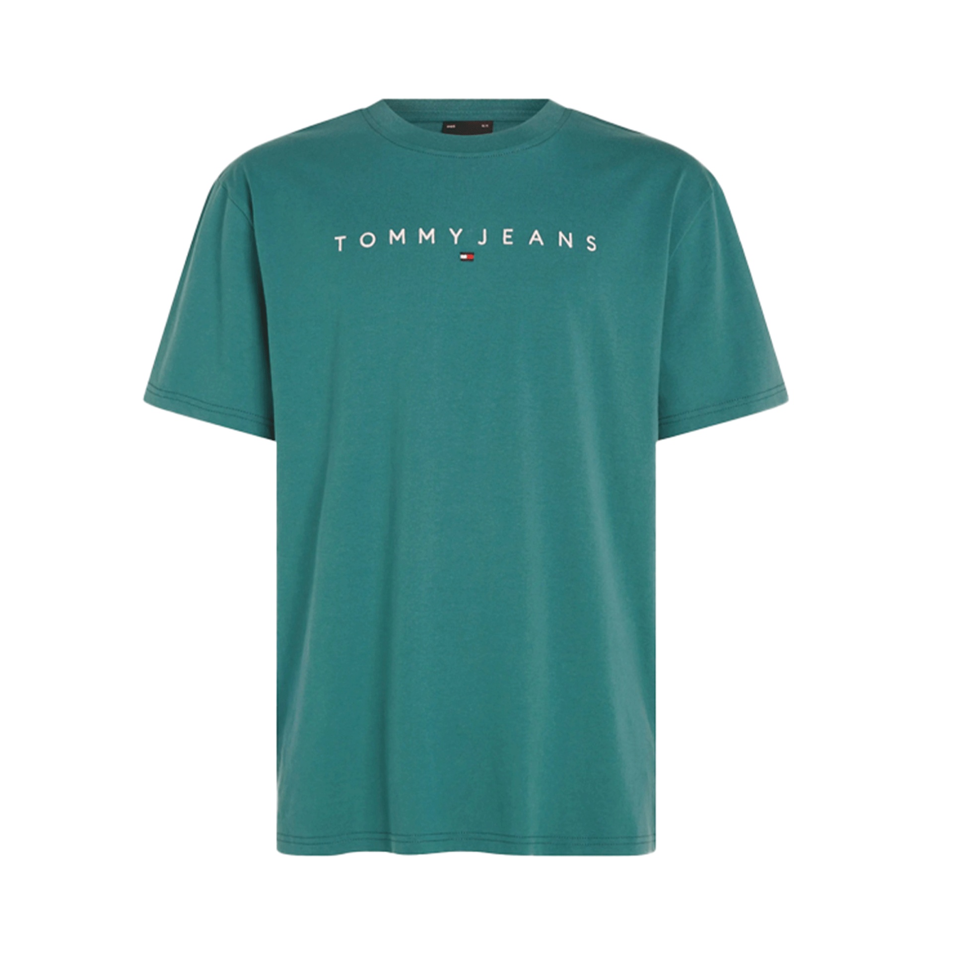 T-shirt verde-azulado com texto Tommy Jeans em branco no peito.