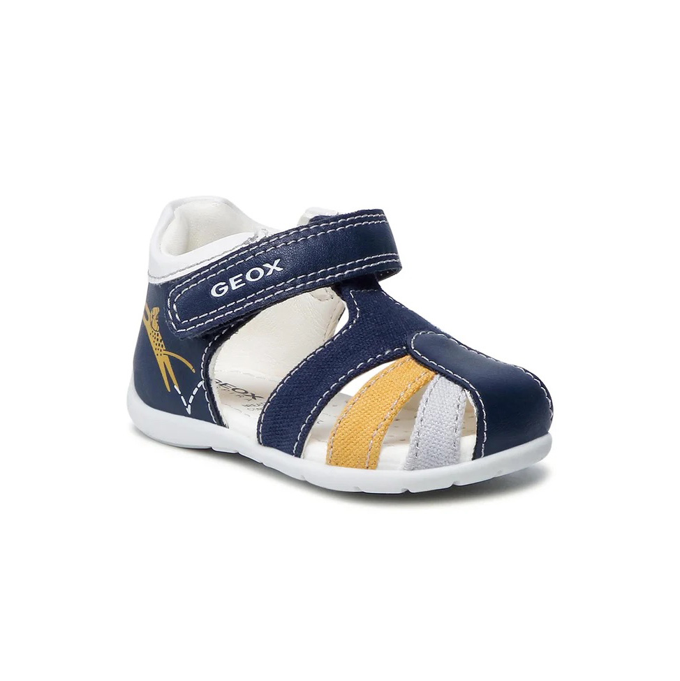 Sandália infantil Geox azul, branca e amarela com fecho de velcro