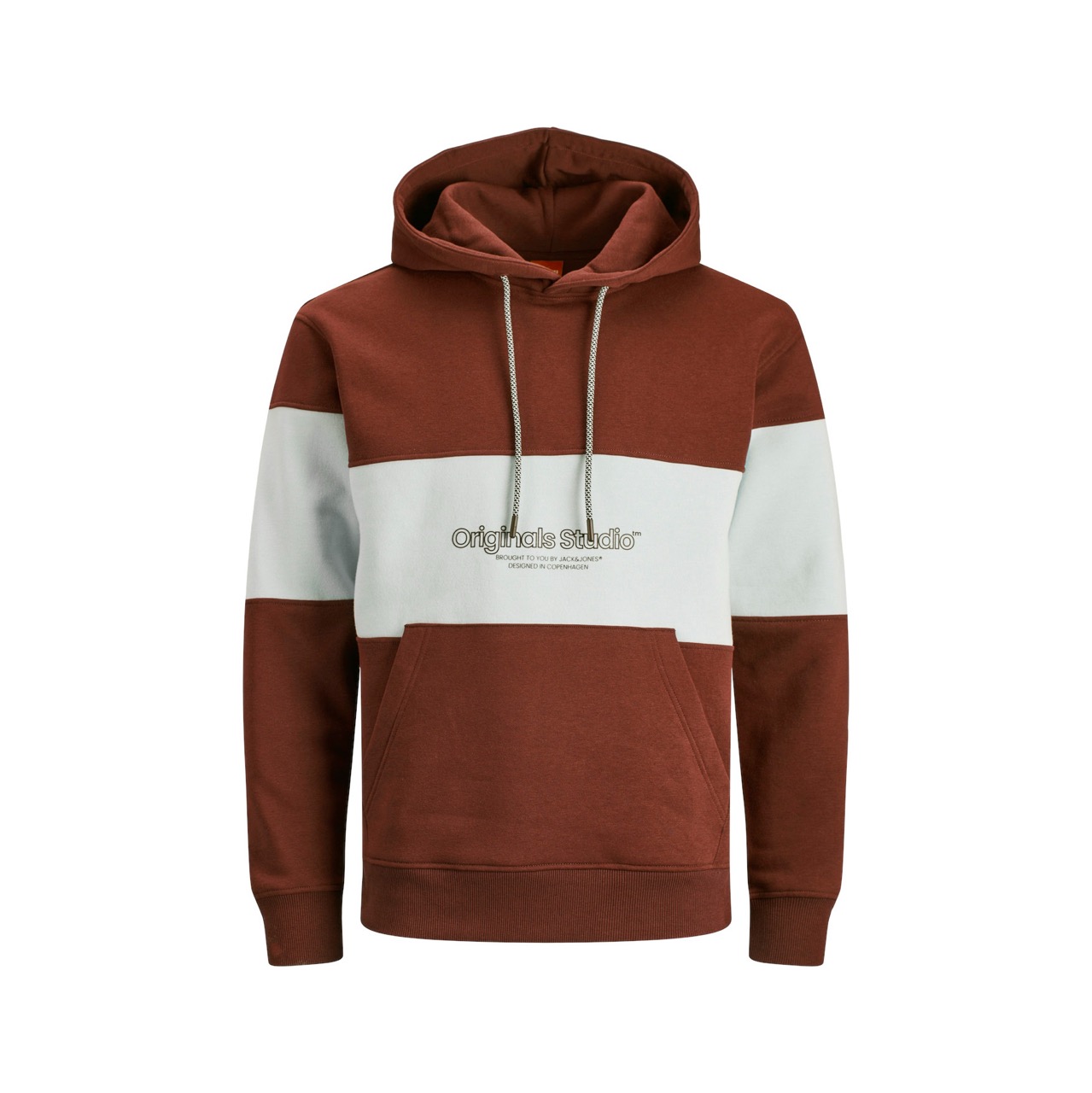 Casaco sweat castanho e branco com capuz e bolso canguru