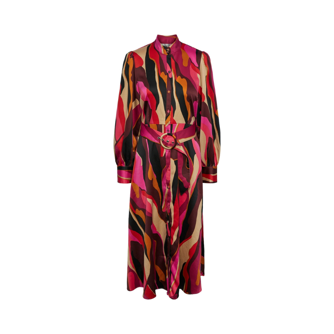 Vestido comprido com padrão abstrato colorido e cinto largo