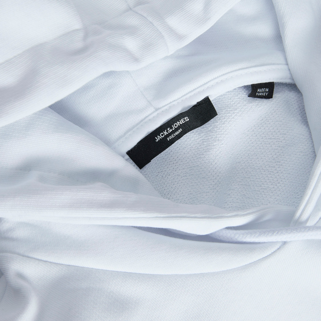 Camisola de capuz branca com etiquetas interiores JACK & JONES PREMIUM e MADE IN VIETNAM