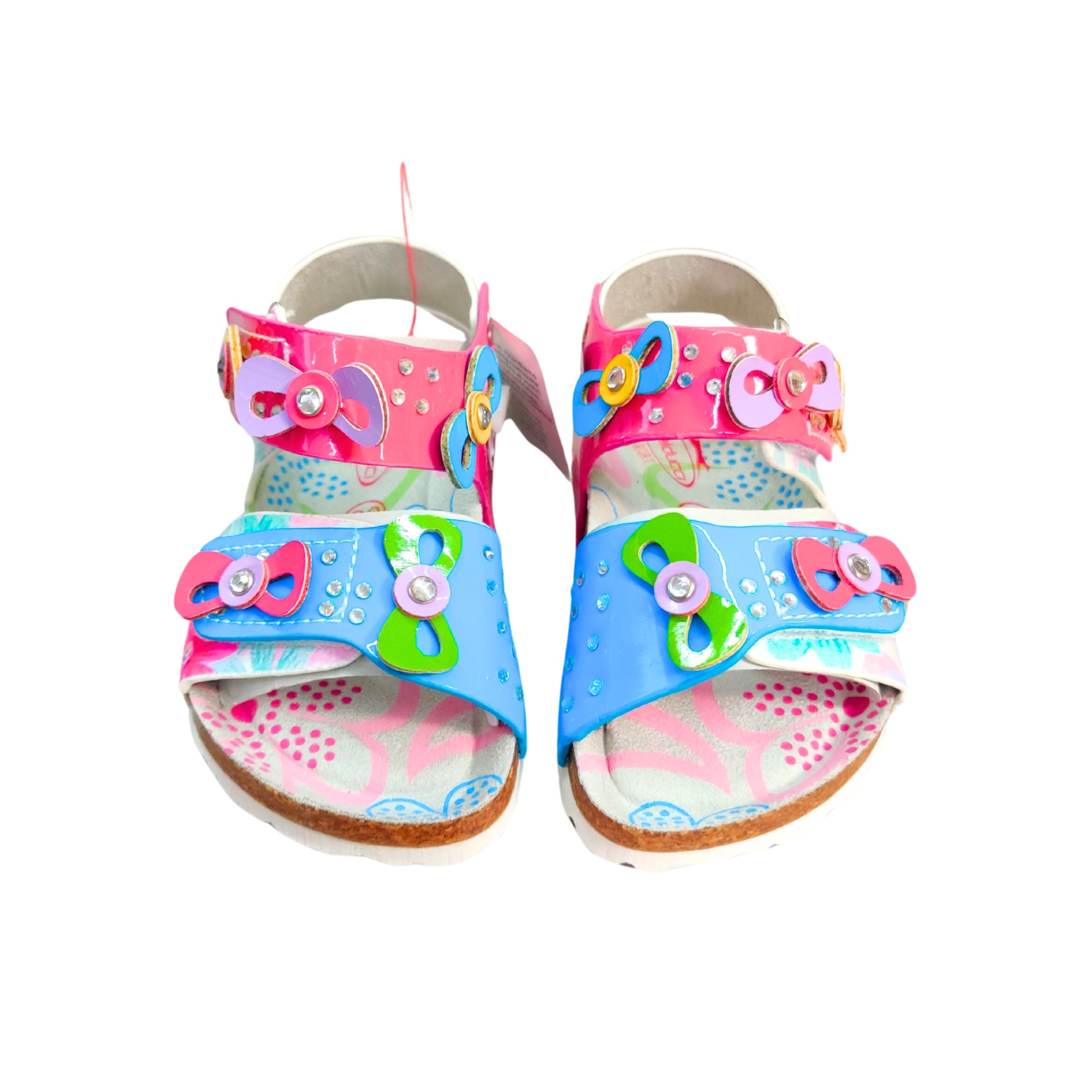 Sandálias infantis coloridas com flores decorativas e sola estampada