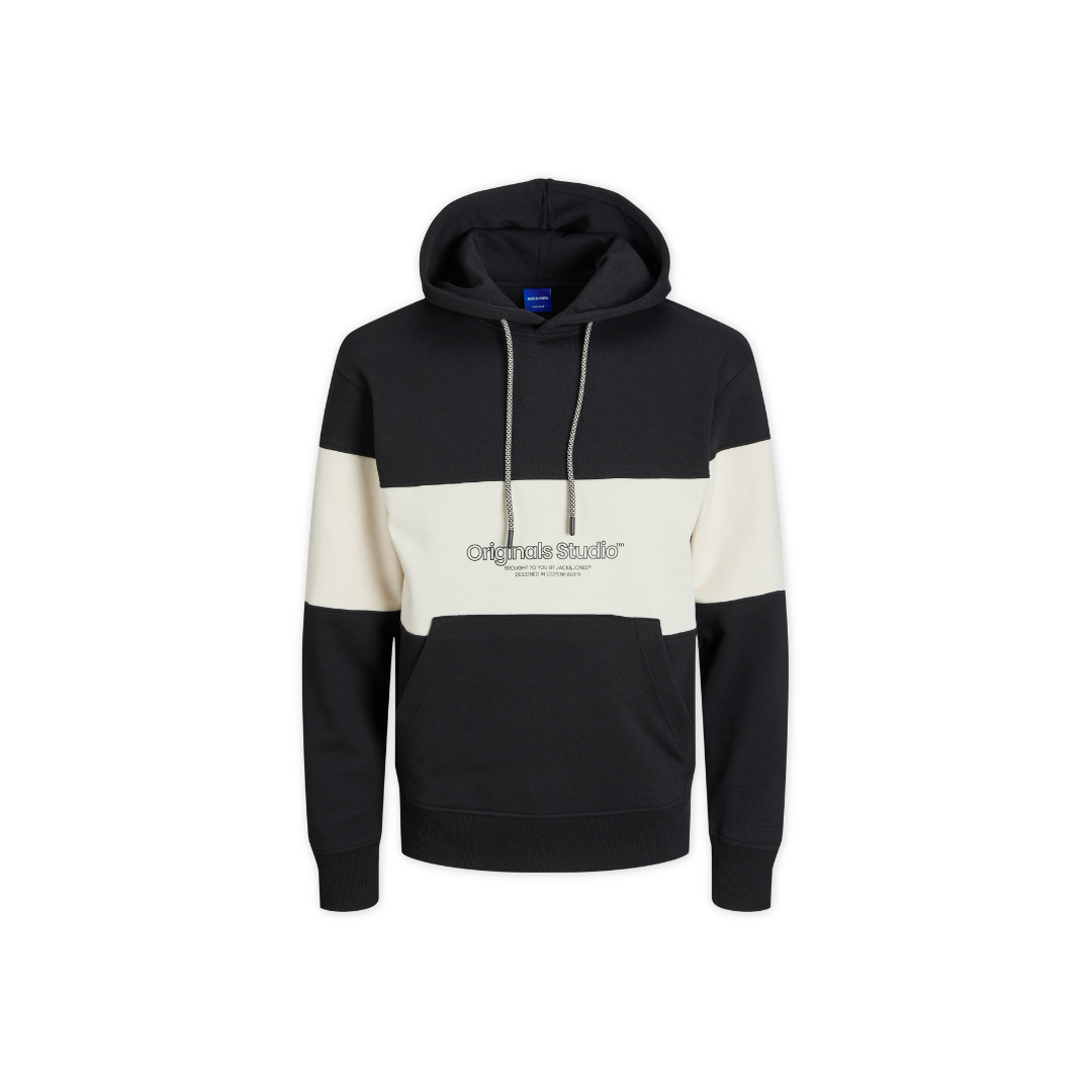 Sweatshirt com capuz preta e creme com texto bordado 'Originals Studio™'