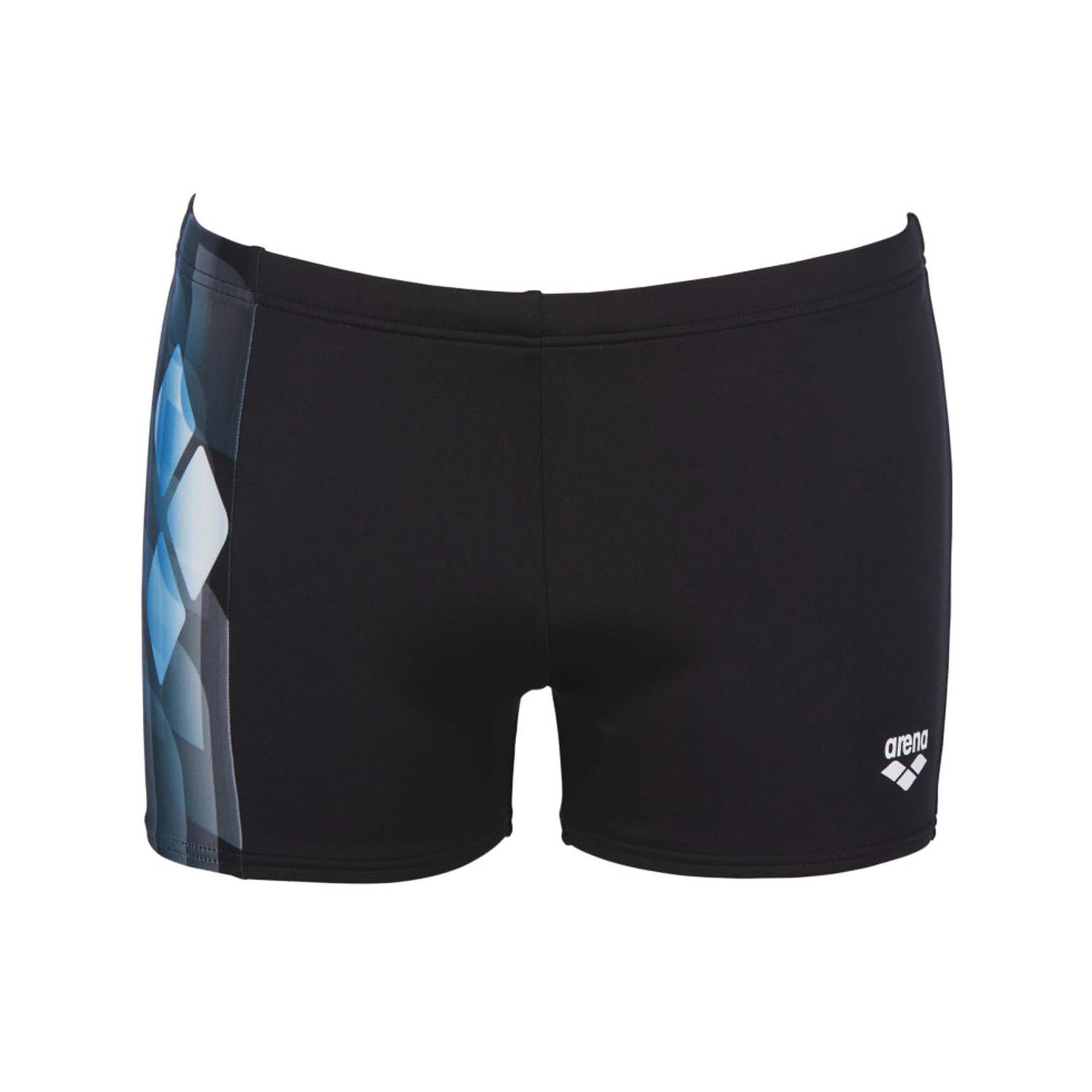 Calções de banho masculinos pretos com padrão azul e branco e logo arena
