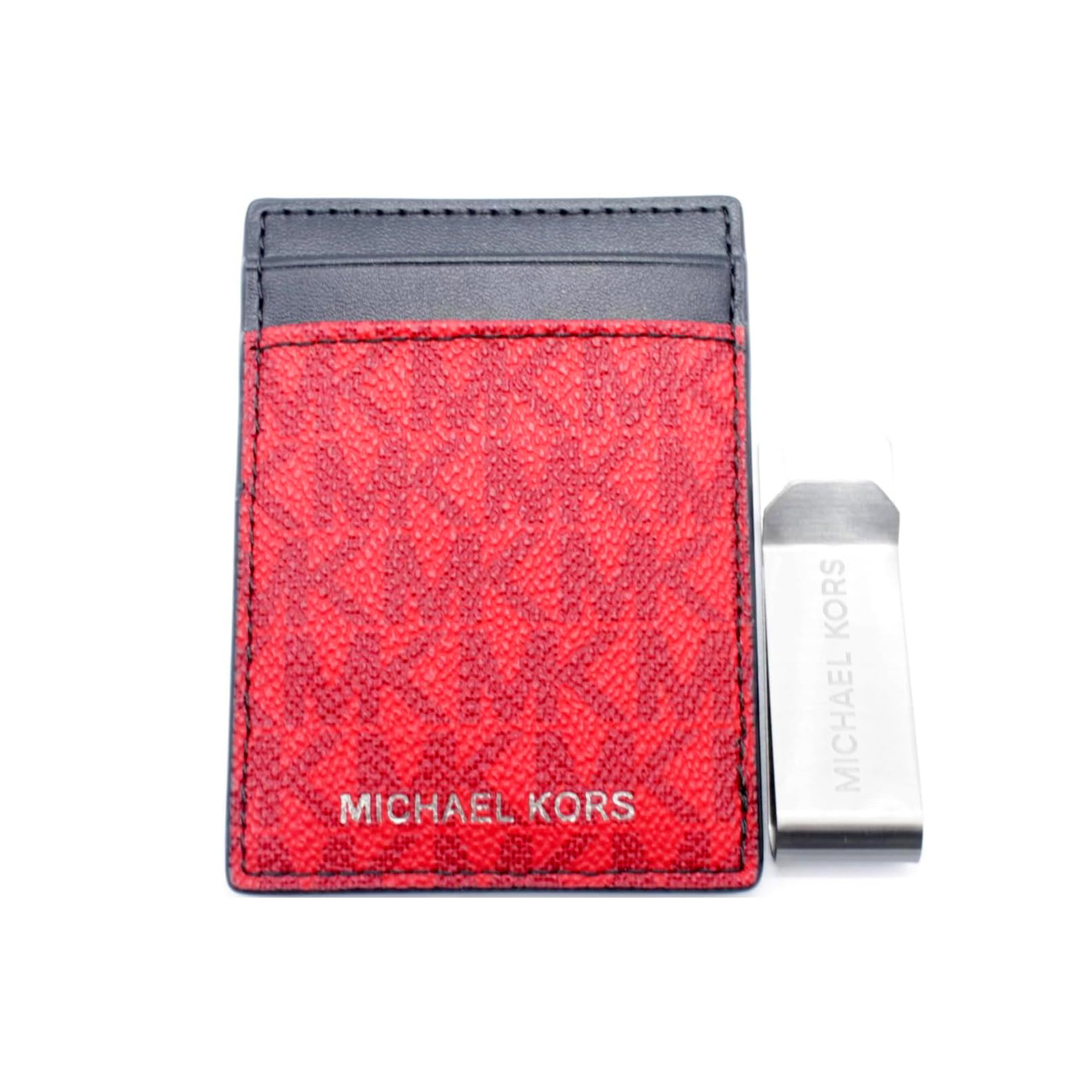 Carteira de cartão Michael Kors vermelha com clip metálico prateado