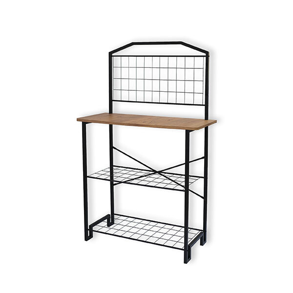 Mesa alta com estrutura metálica preta, tampo de madeira clara e prateleiras gradeadas