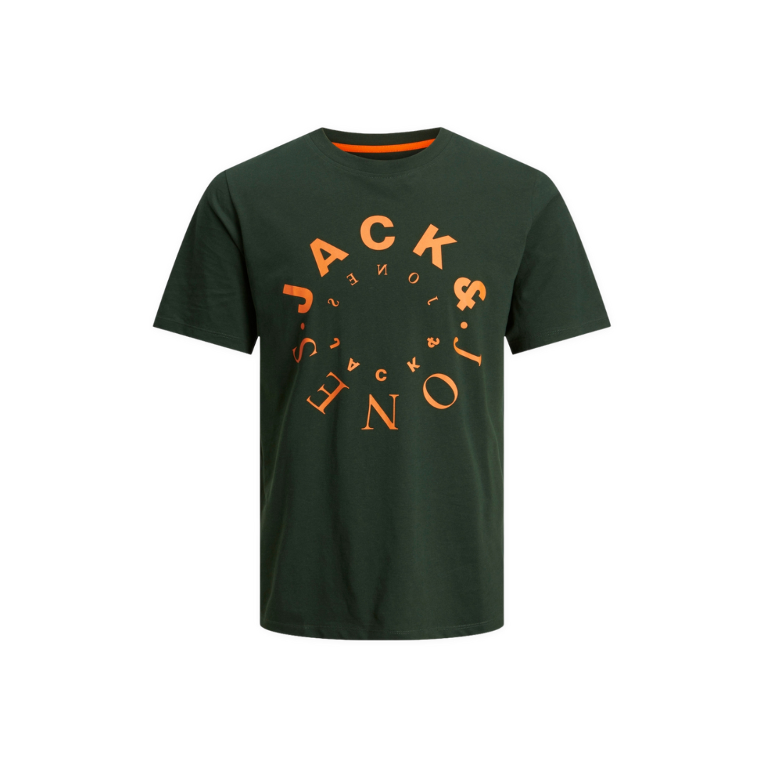 T-shirt verde escuro com estampado circular laranja JACK & JONES