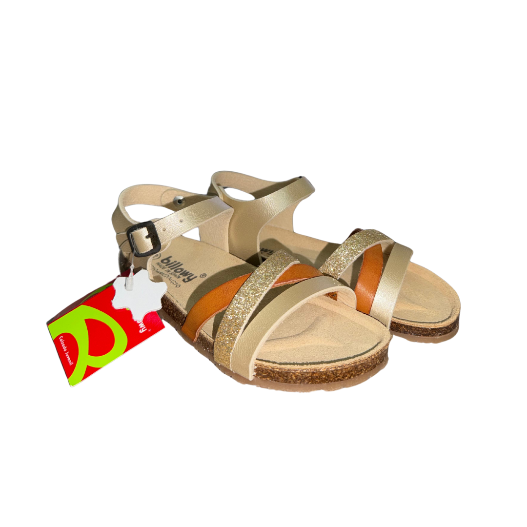 Sandálias femininas bege e dourado glitter com sola de cortiça e etiqueta vermelha