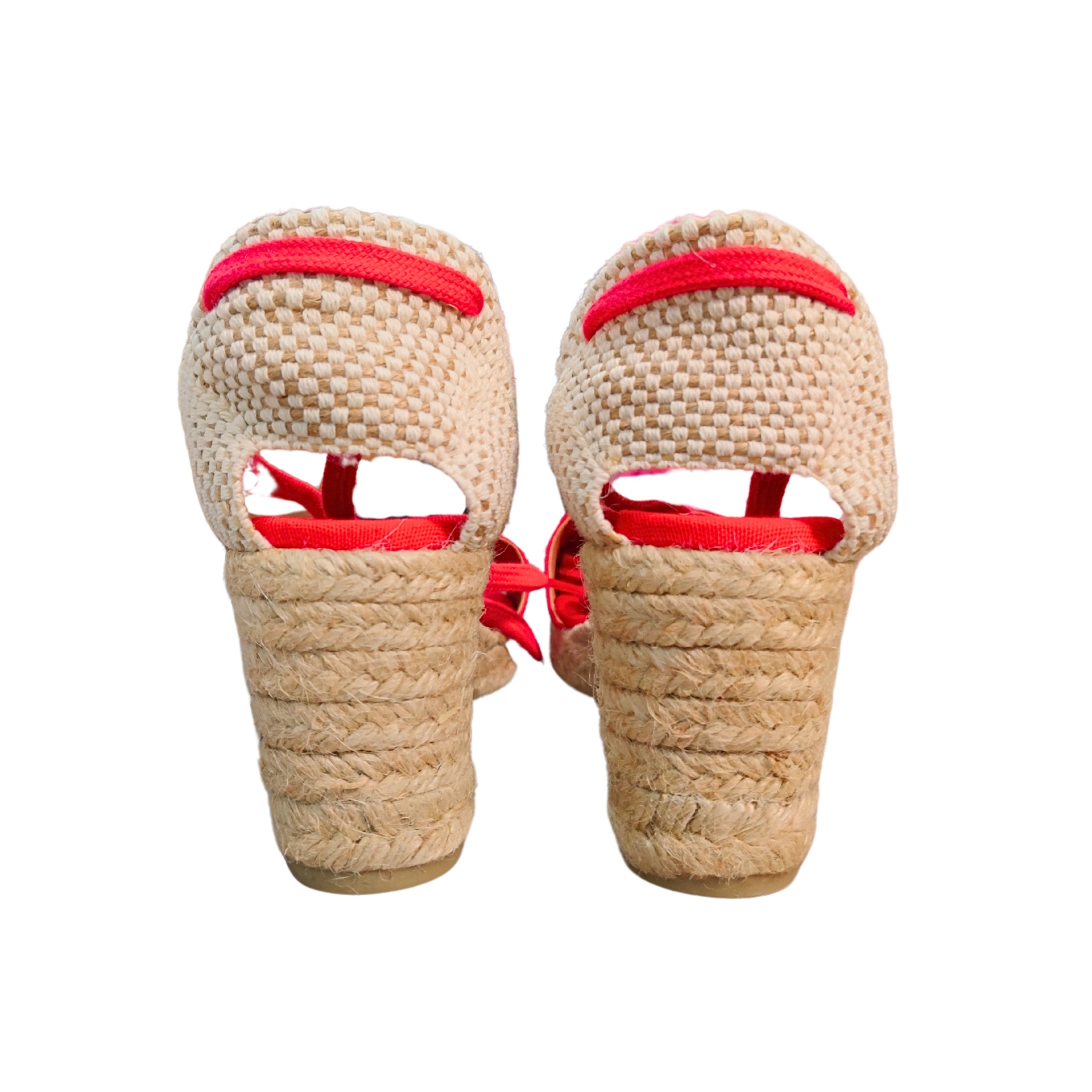 Sandálias de cunha com saltos em tecido tipo juta natural e detalhes em vermelho vistas de trás