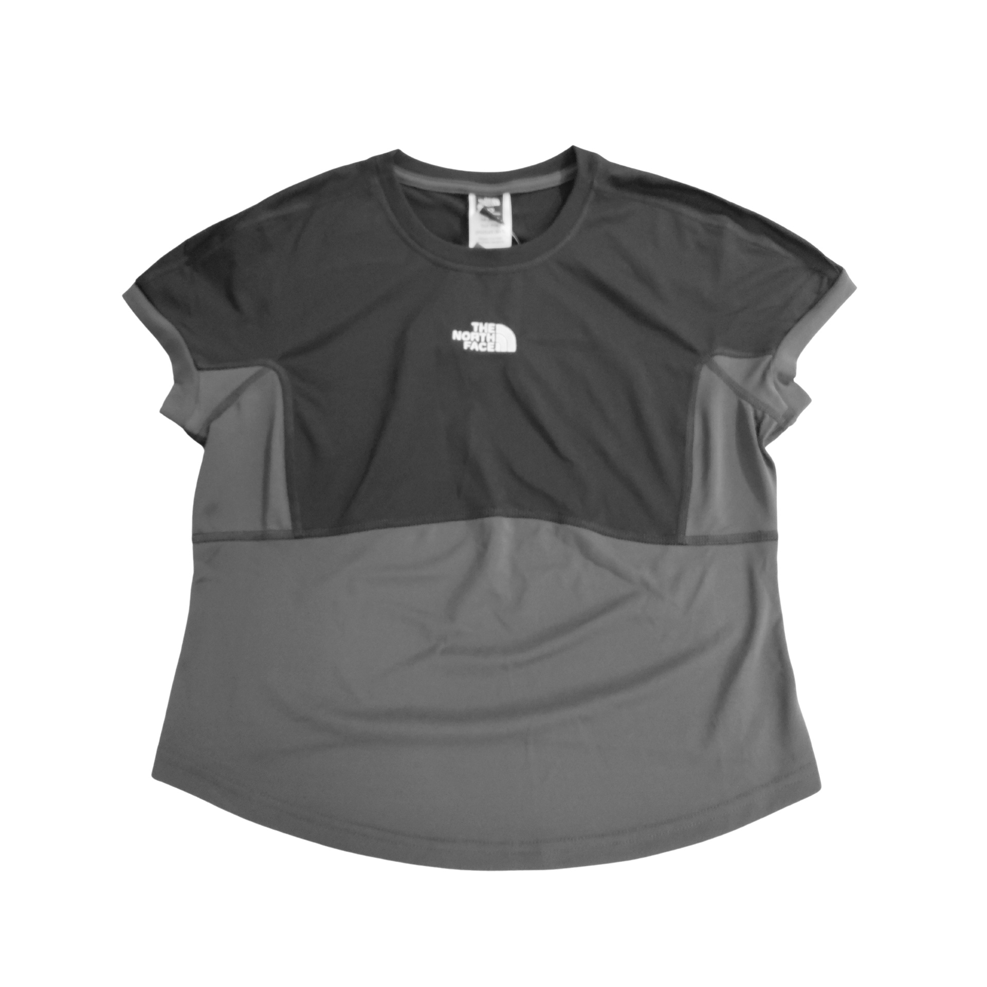 T-shirt desportiva cinza e preta com logótipo THE NORTH FACE branco no peito