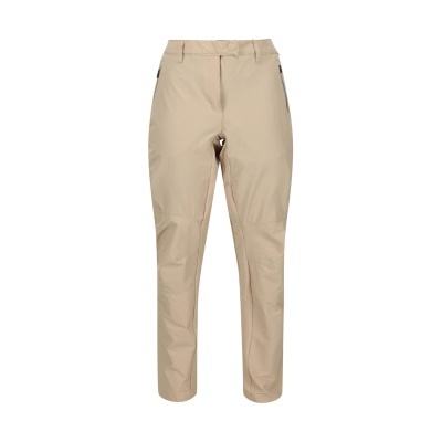 Calças bege com fecho de botão e bolsos laterais pretos