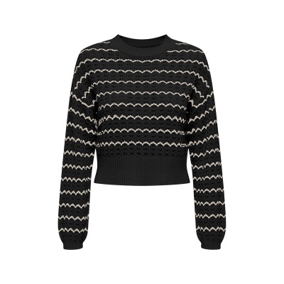 Camisola preta com riscas onduladas brancas e gola redonda