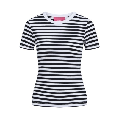 T-shirt riscas pretas e brancas com gola redonda