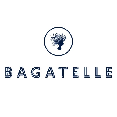 Logótipo com a palavra BAGATELLE e silhueta de mulher com cabelo floral