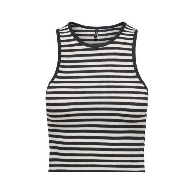 Top feminino às riscas pretas e brancas, com gola redonda e sem mangas.