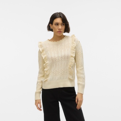 Camisola feminina creme de malha com folhos e padrão trançado