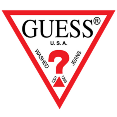 Logótipo triangular vermelho da marca GUESS com texto preto e símbolo de interrogação vermelho