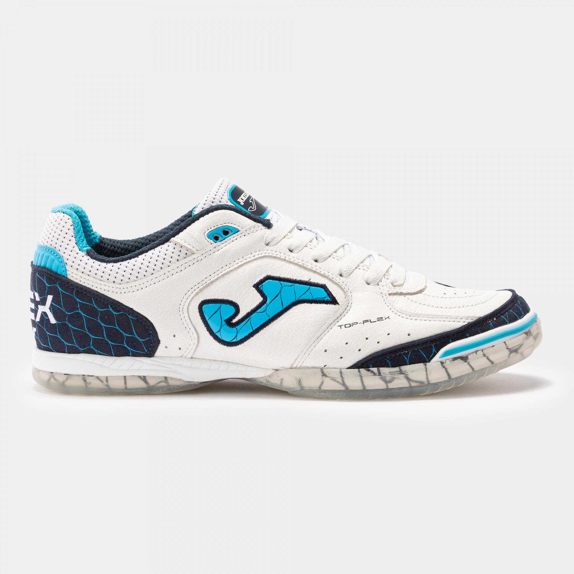 Tênis desportivo branco com detalhes azuis e pretos com sola translúcida