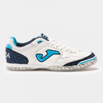 Tênis desportivo branco com detalhes azuis e pretos com sola translúcida