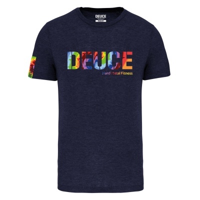 T-shirt azul escura com estampado colorido DEUCE no peito