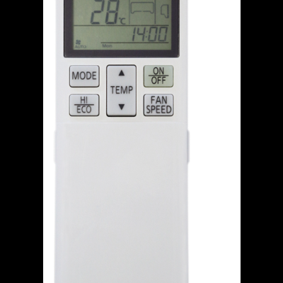 Comando remoto branco da Mitsubishi Heavy Industries com ecrã digital e vários botões.