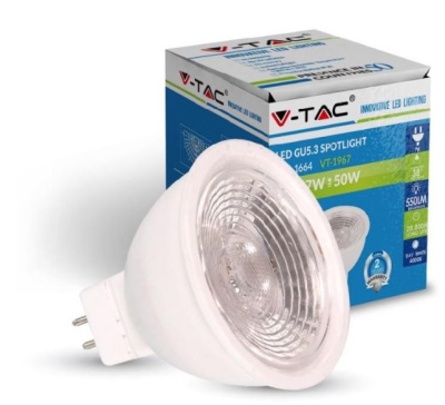 Lâmpada LED GU5.3 spotlight branca com lente transparente e embalagem azul e branca V-TAC