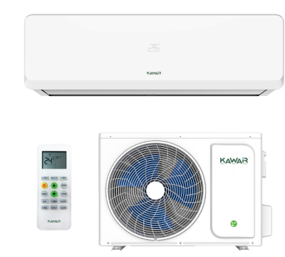 Ar condicionado KAWAI branco com unidade interior, unidade exterior e comando remoto.
