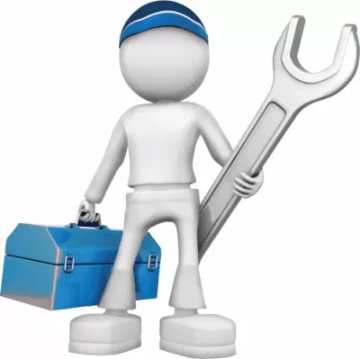 Figura 3D segurando chave inglesa e caixa de ferramentas