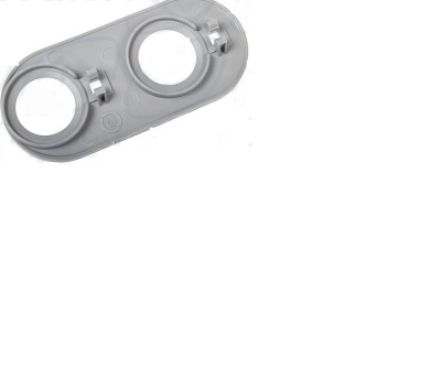 Peça plástica cinzenta com duas aberturas circulares