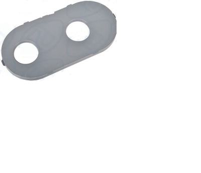 Peça plástica cinzenta translúcida oval com dois buracos circulares