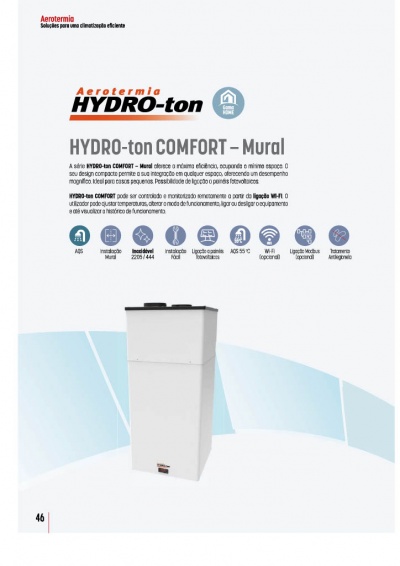 Equipamento branco HYDRO-ton COMFORT – Mural com topo preto e texto explicativo sobre o produto