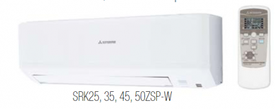 Ar condicionado mural branco Mitsubishi com comando remoto branco.