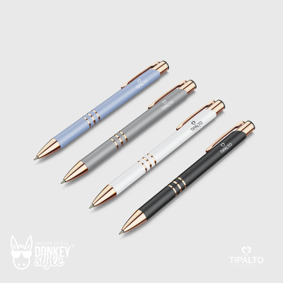 Quatro canetas coloridas com detalhes dourados e logotipo TIPALTO
