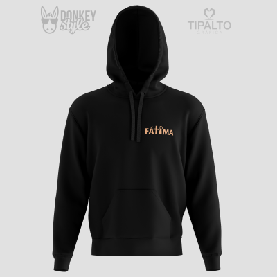 Sweatshirt preta com capuz e texto 'FÁTIMA' amarelo claro no peito