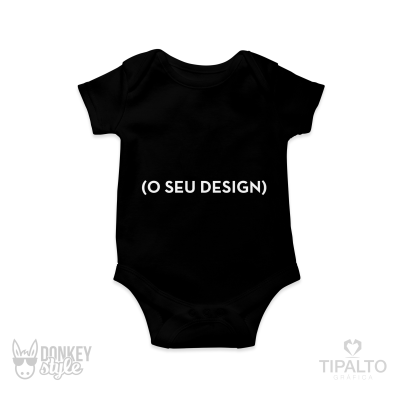 Body de bebé preto com texto '(O SEU DESIGN)' branco