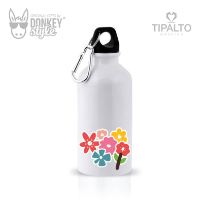 Garrafa desportiva branca com ilustração de flores coloridas e tampa preta com mosquetão