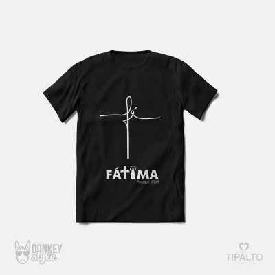 T-shirt preta com cruz branca e texto FATIMA Portugal 2024