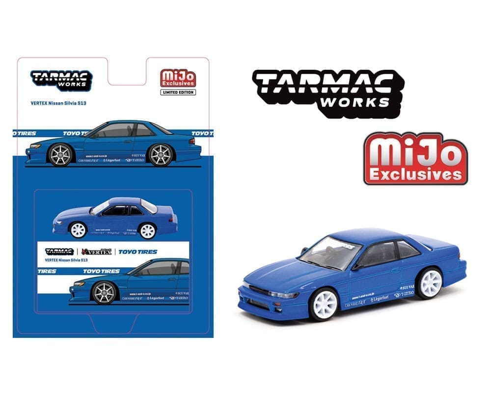 Miniaturas de Nissan Silvia S13 azul com rodas brancas em embalagem azul
