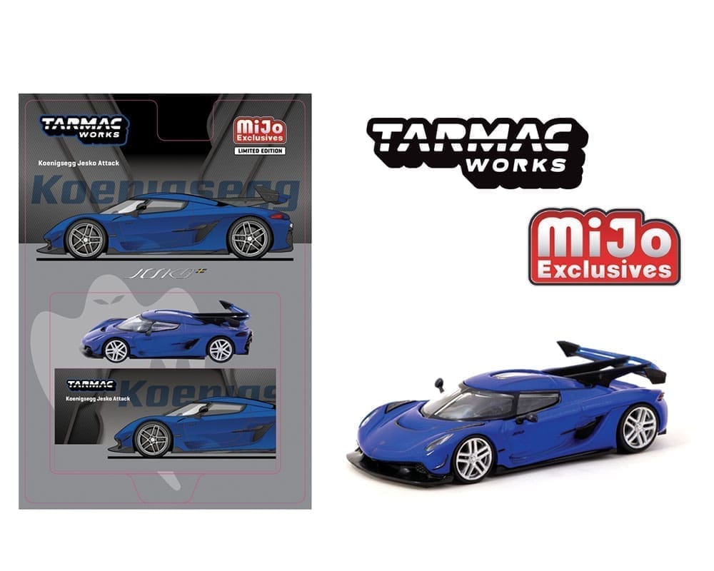 Miniatura de carro desportivo azul Koenigsegg Jesko Attack em embalagem