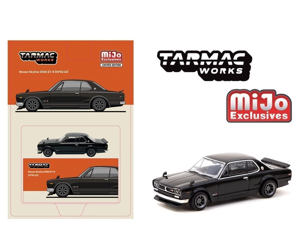Miniatura preto Nissan Skyline 2000 GT-R embalagem Tarmac Works MiJo Exclusives