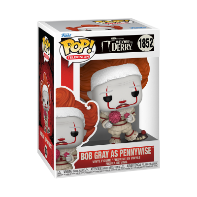 Funko Pop Bob Gray como Pennywise vinyl na caixa com cores preto, vermelho e branco