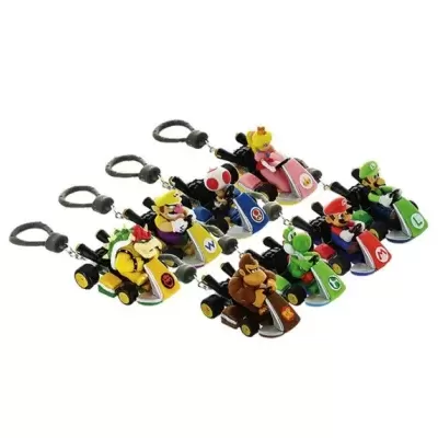 Porta-chaves de personagens Mario Kart em plástico colorido com carros e anilhas