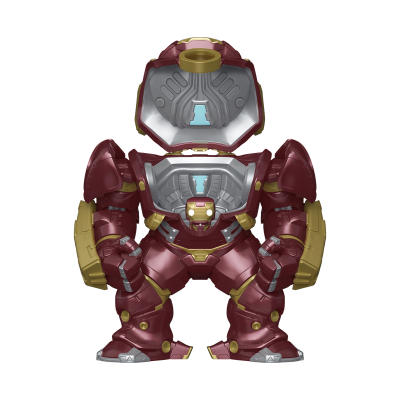 Figura de ação Hulkbuster em vermelho escuro, dourado e prata, textura metálica.