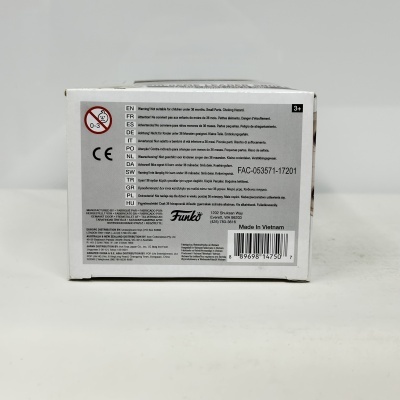 Caixa branca Funko com avisos de segurança e código de barras